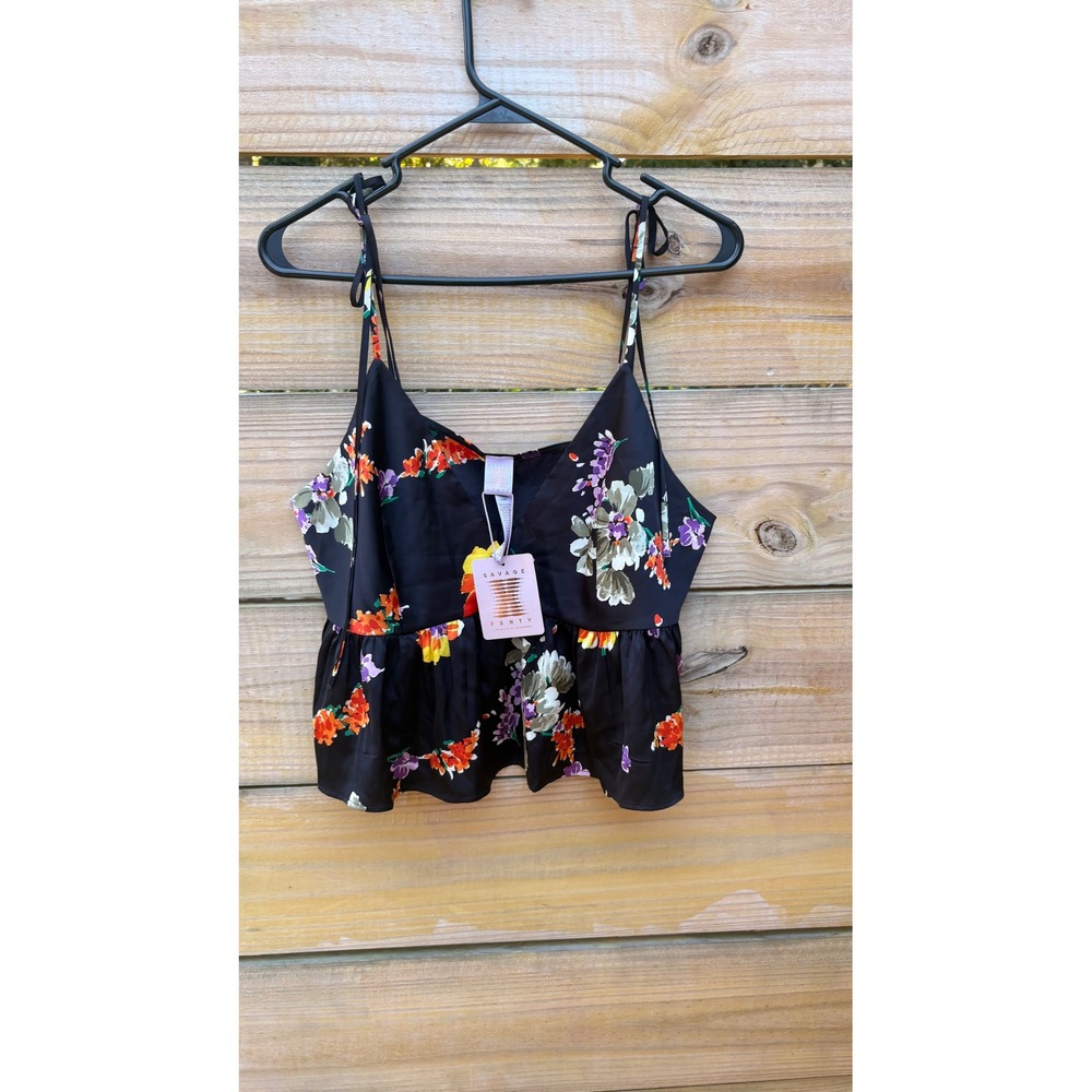 Savage X Fenty Rihanna Black Floral Peplum Camisole Top XL NEW